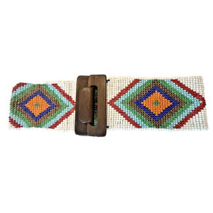 Aztec Beaded 30"x4" Wide Belt Seed Beads Western Native Stretch Wood Clasps